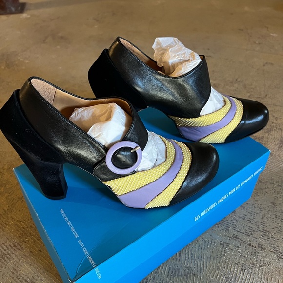 John Fluevog Black and Yellow Heels with Purple Accents - Picture 3 of 3